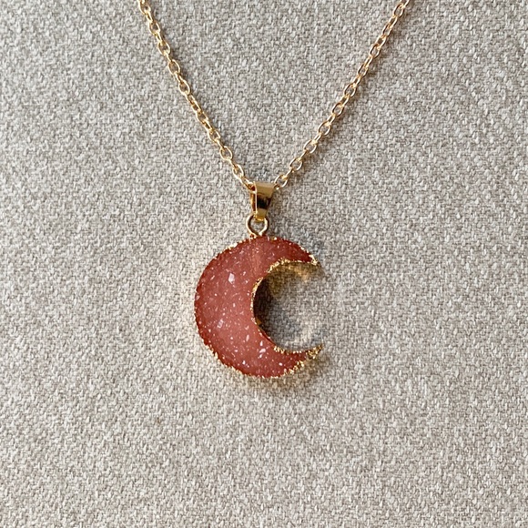 Pink Druzy Moon Necklace - Picture 2 of 3